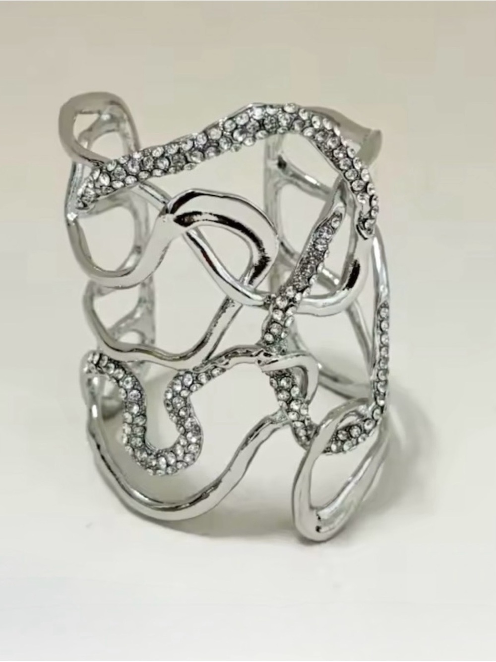 NEW Woven Open Cuff Chunky Bracelet Silver Clear Crystal OC01